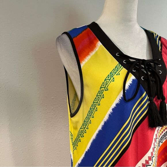 Multicolor Striped Sleeveless deep v-neck midi Dress size large - Picture 4 of 14